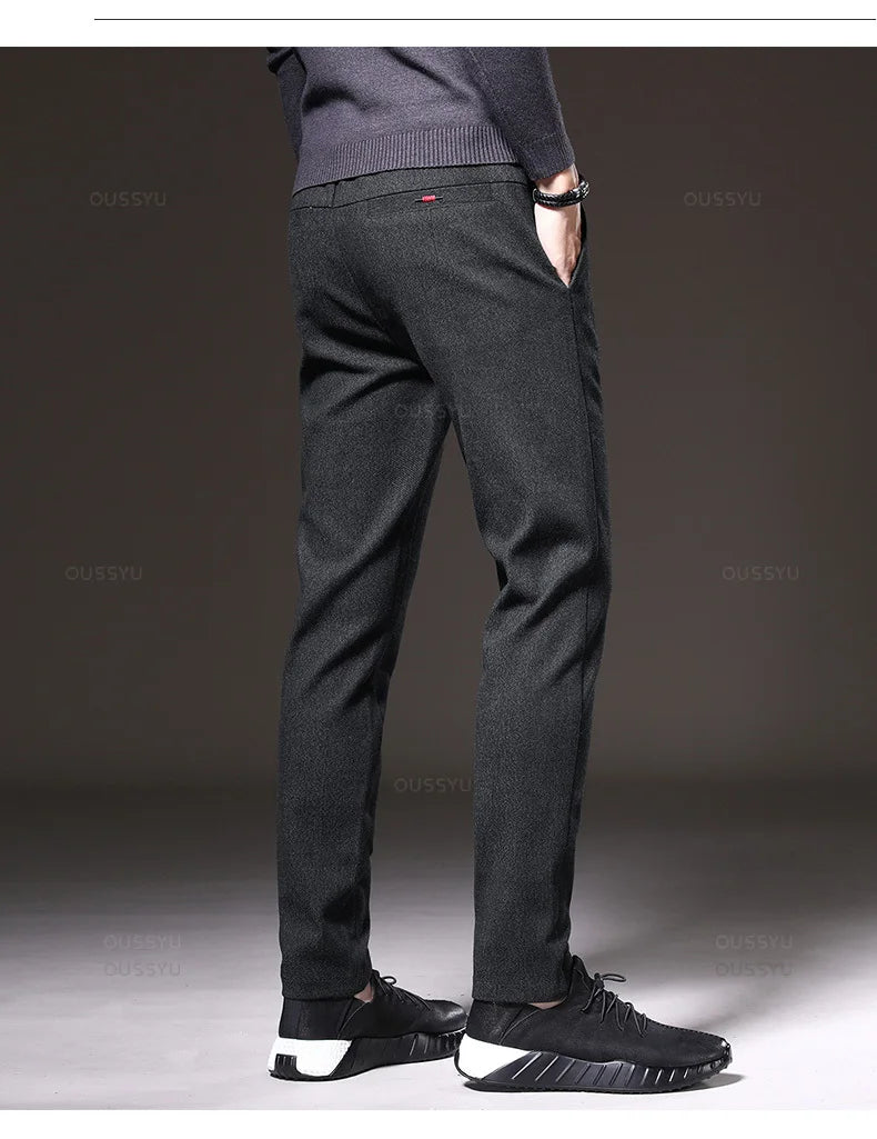 Autumn  Winter New Classic Casual Pants Men Thick Business Korea Slim Fit Stretch Gray Blue Black Brushed Fabric Trousers Male