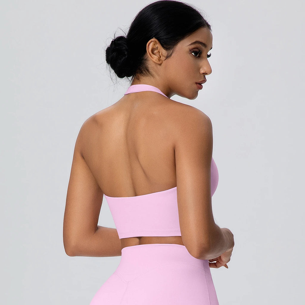 Woman Solid Color Sexy Neck Strap Bra Yoga Underwear With Chest Pad Backless Gather Shockproof Gym Workout Top Sports Yoga Bra