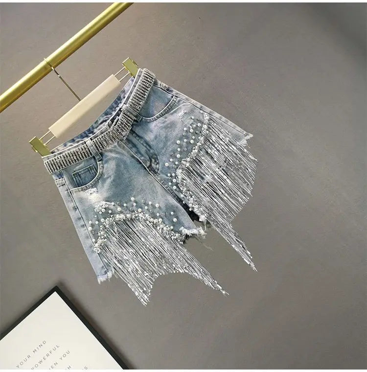 Denim Shorts Women's 2025 Summer Clothes New European High Waist Thin Heavy Industry Beaded Sequined Fringed Broken Copper Jeans