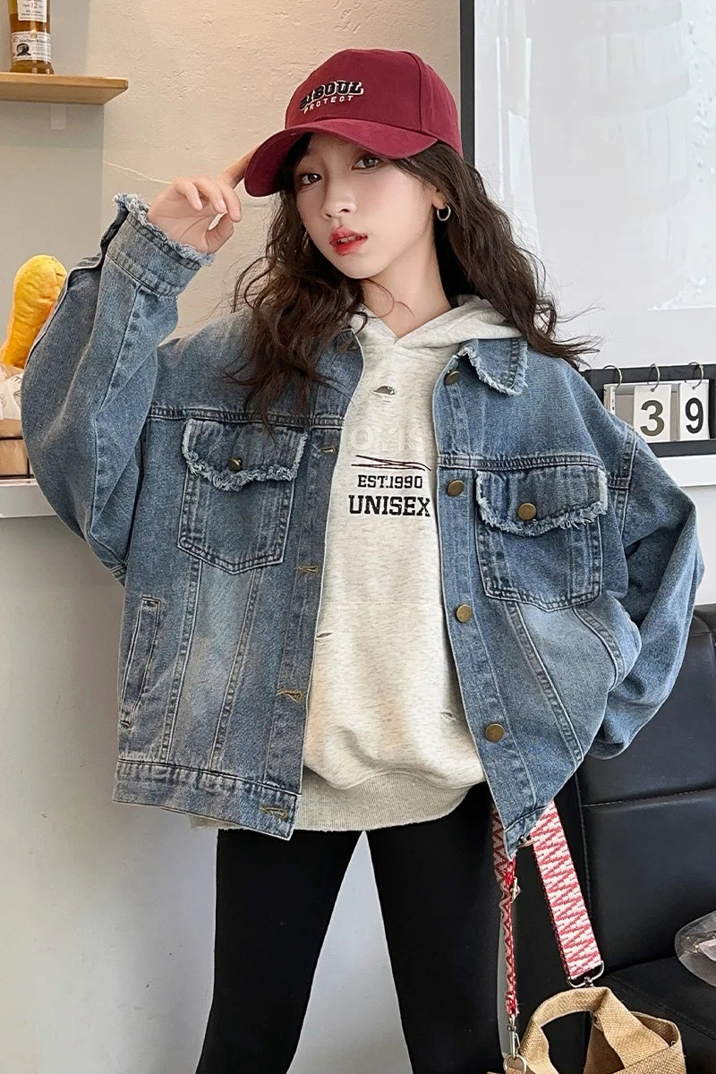 Girls Denim Jacket Spring Autumn 2026 New Style Casual Versatile Loose Button Down Jean Coat Fashion Children's Clothing