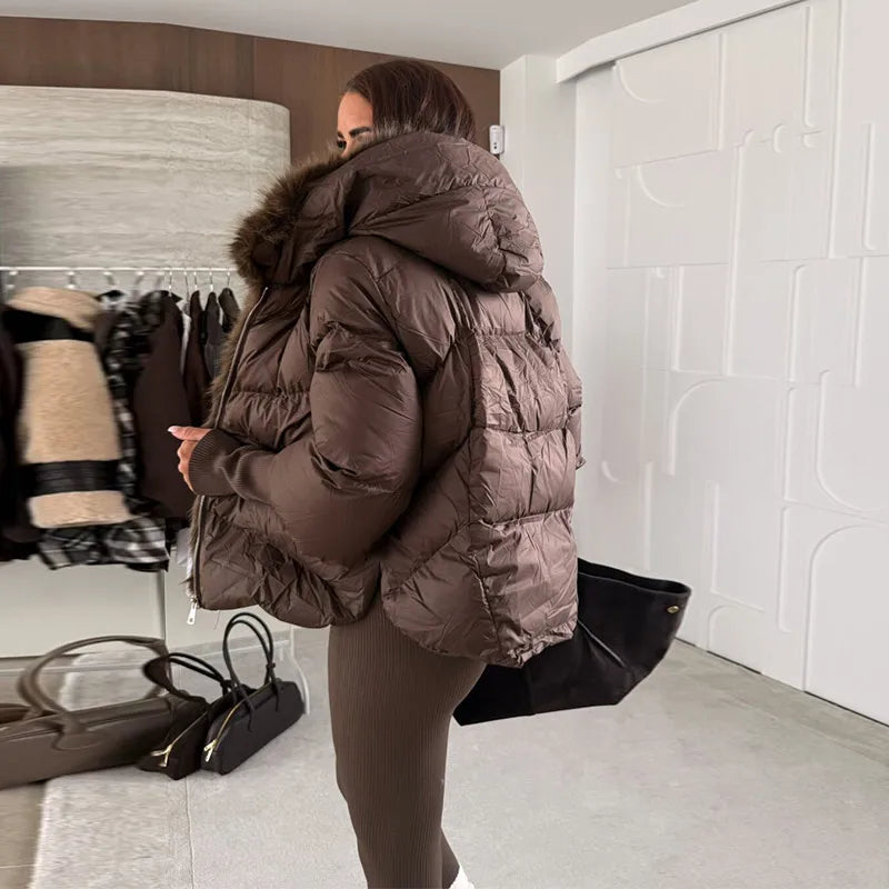 Fashion Women's Faux Fur Hooded Winter Jackets 2025 Warm Patchwork Zipper Full Sleeve Coats Puffer Female Solid Down Jacket
