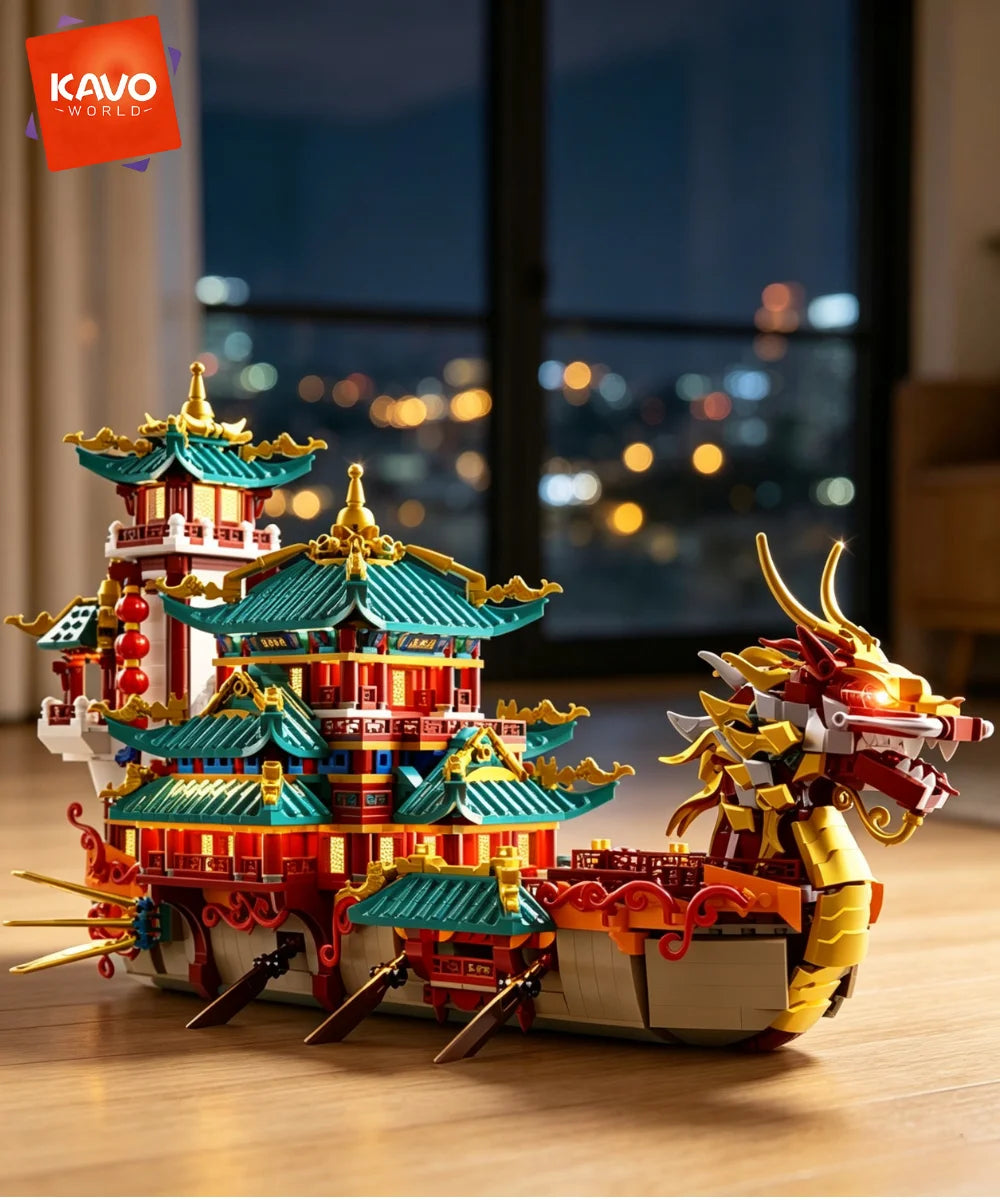 KAVOWORLD 2453pcs Dragon Boat Building Blocks Festival Chinese Ancient Pavilion Ship Display Model with LED Light Traditional DIY Loong Vessel Brick Assembly Puzzle Set Home Ornament Architecture MOC Construction Kit Hallowee