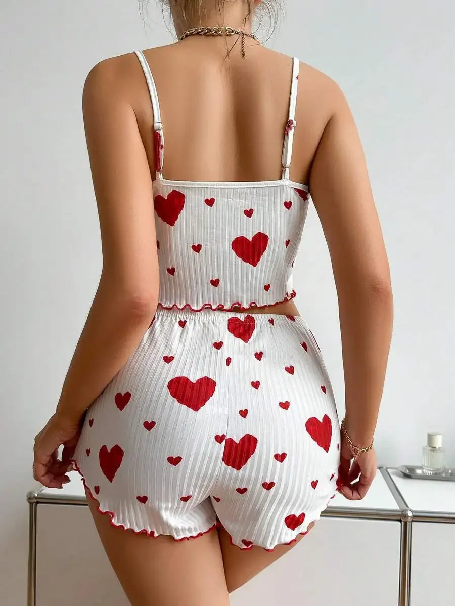 2pcs Women's Pajama Set Sexy Cute Kawaii Pajamas Women Suspenders Sun-Tops Loungewear Set Shorts Y2K Lolita Heart Silk Sleepwear