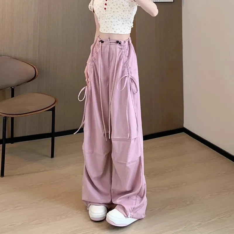 2026 Spring Summer New Women Pants Drawstring High Waisted Female Wide Leg Trousers Casual Vintage Korean Ladies Slim Work Pants