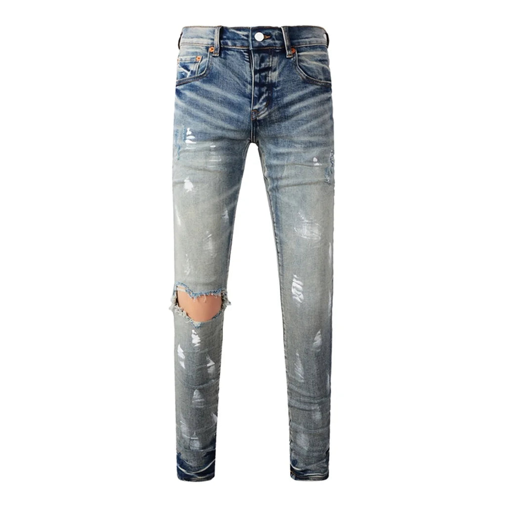 High Street American Distressed Men's Jeans Fashion Brand Coated Blank Stretch Skinny Button Fly Ripped Pants Trousers