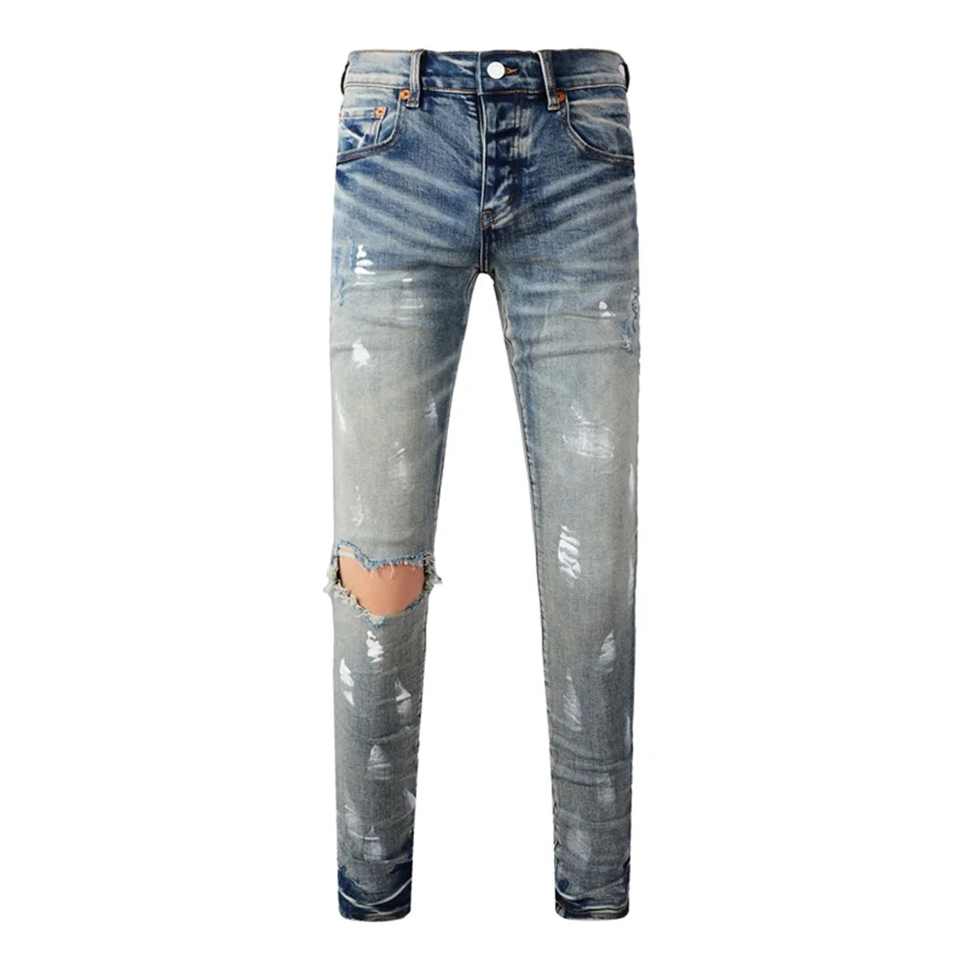High Street American Distressed Men's Jeans Fashion Brand Coated Blank Stretch Skinny Button Fly Ripped Pants Trousers