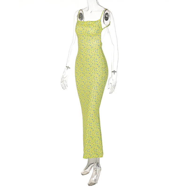 Women's Flower Print Sleeveless Backless Slim Maxi Dress Elegant Streetwear Party Clothing Spring 2025 Concise Sexy Slip Dress