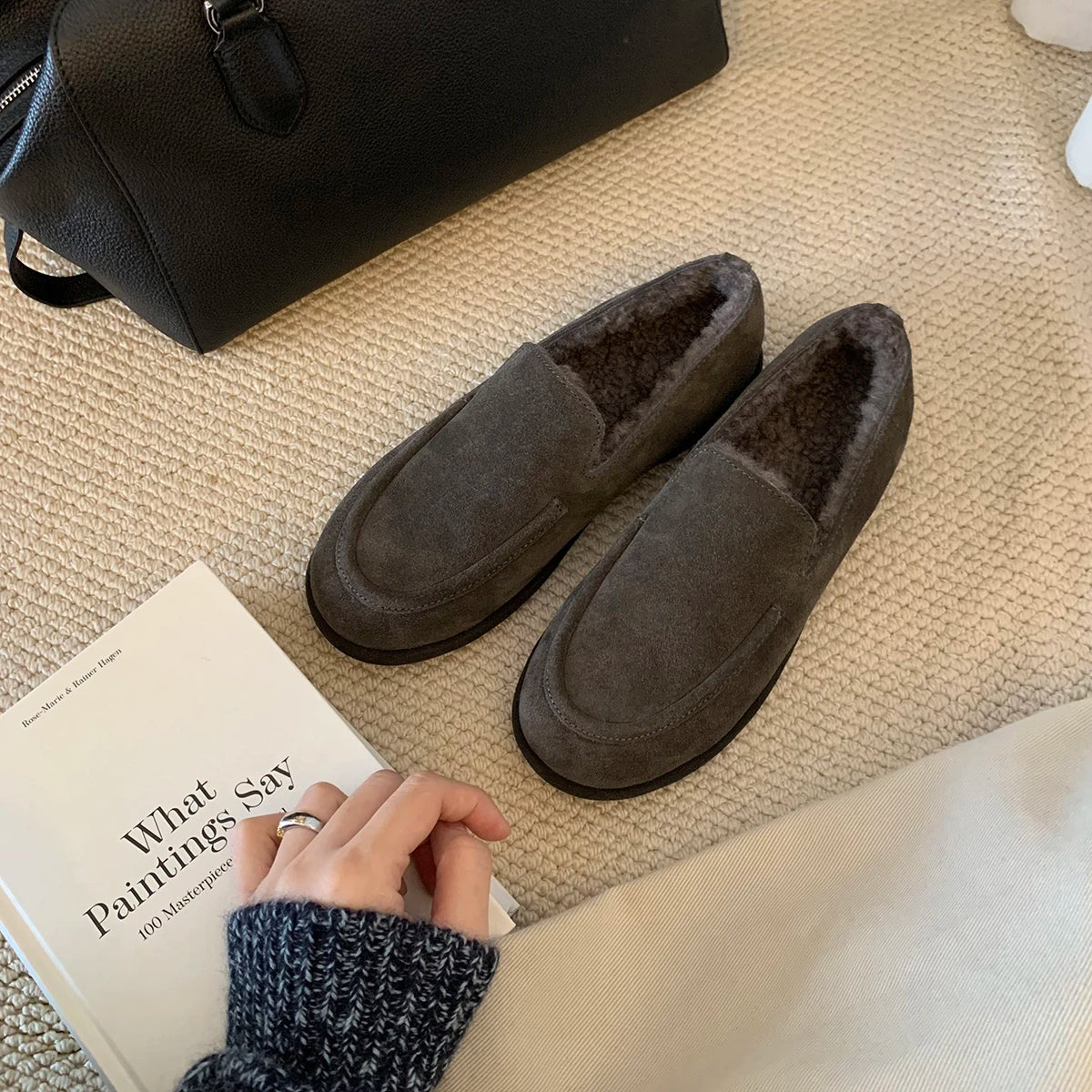 New Suede Leather Loafers Woman Round Toe Slip-on Casual Flat Shoes Wool Warm Winter Shoes Outdoors Walk Shoes Women