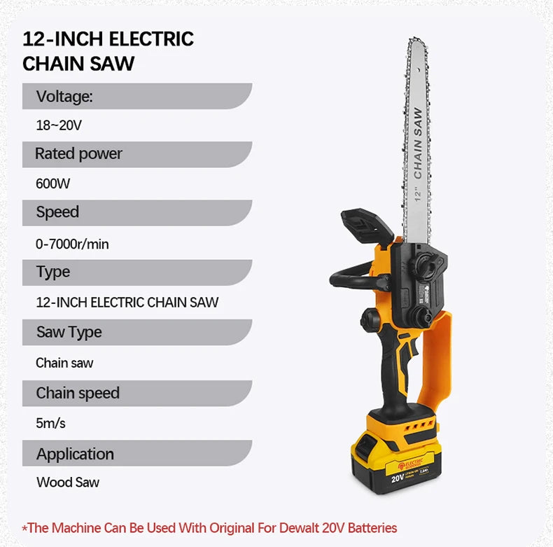 12-inch Two-hand Brushless Electric Chain Saw Automatic Lubrication System Portable Garden Logging Tool For Dewalt 20v Battery
