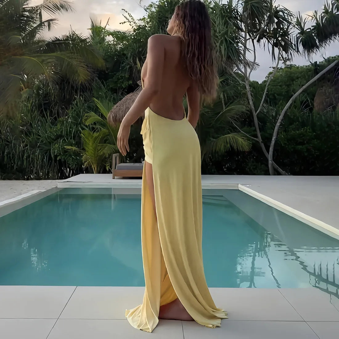 Women Solid Elegant Sexy Halter Backless Maxi Evening Party Dress Draped Deep V Neck Sleeveless High Split Long Robe Clubwear