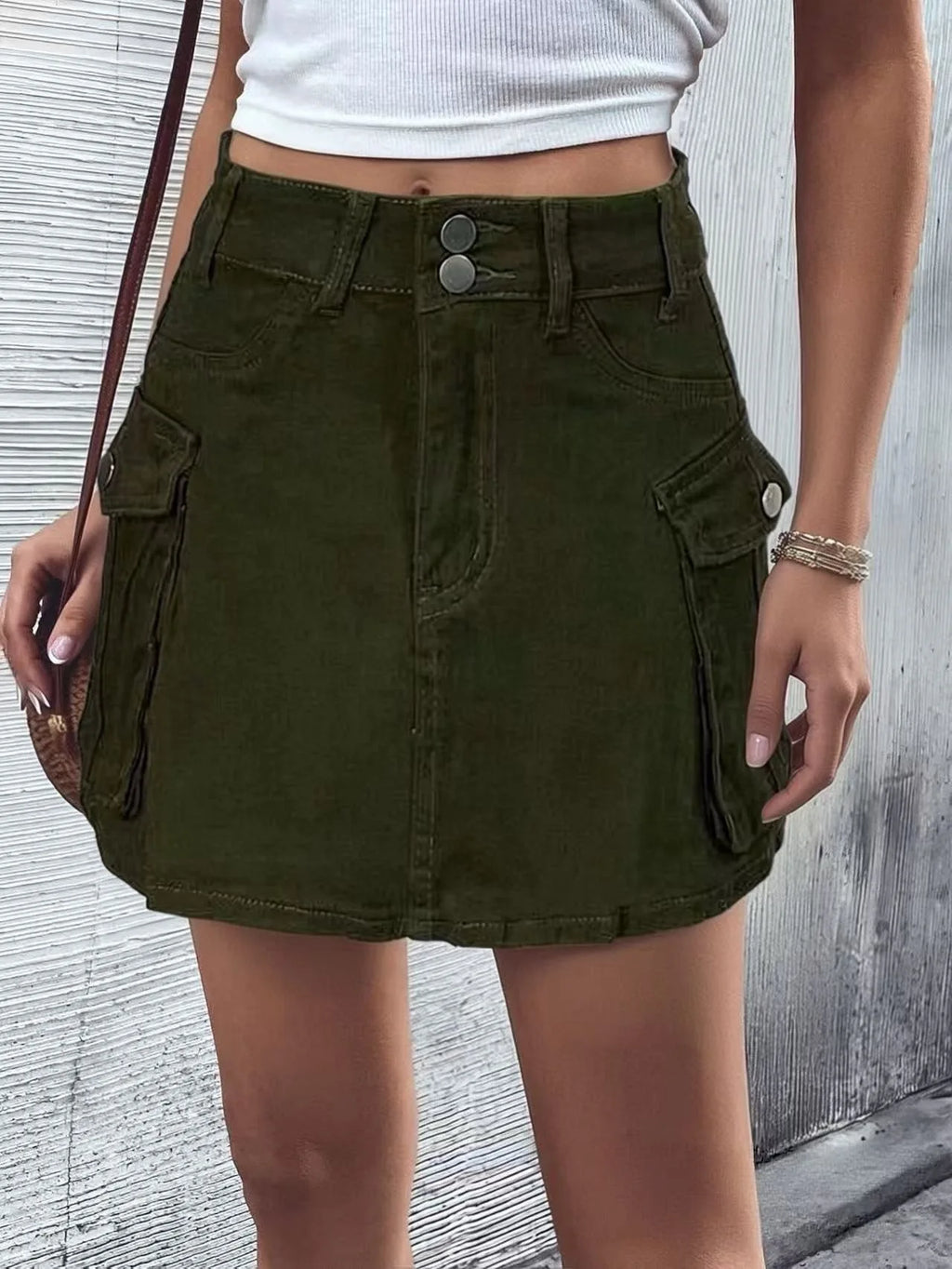 Sexy Women High Waist Cargo Denim Mini Skirt Double Button Multi Pocket A Line Short Skirt Y2K Streetwear Casual Jean Dress
