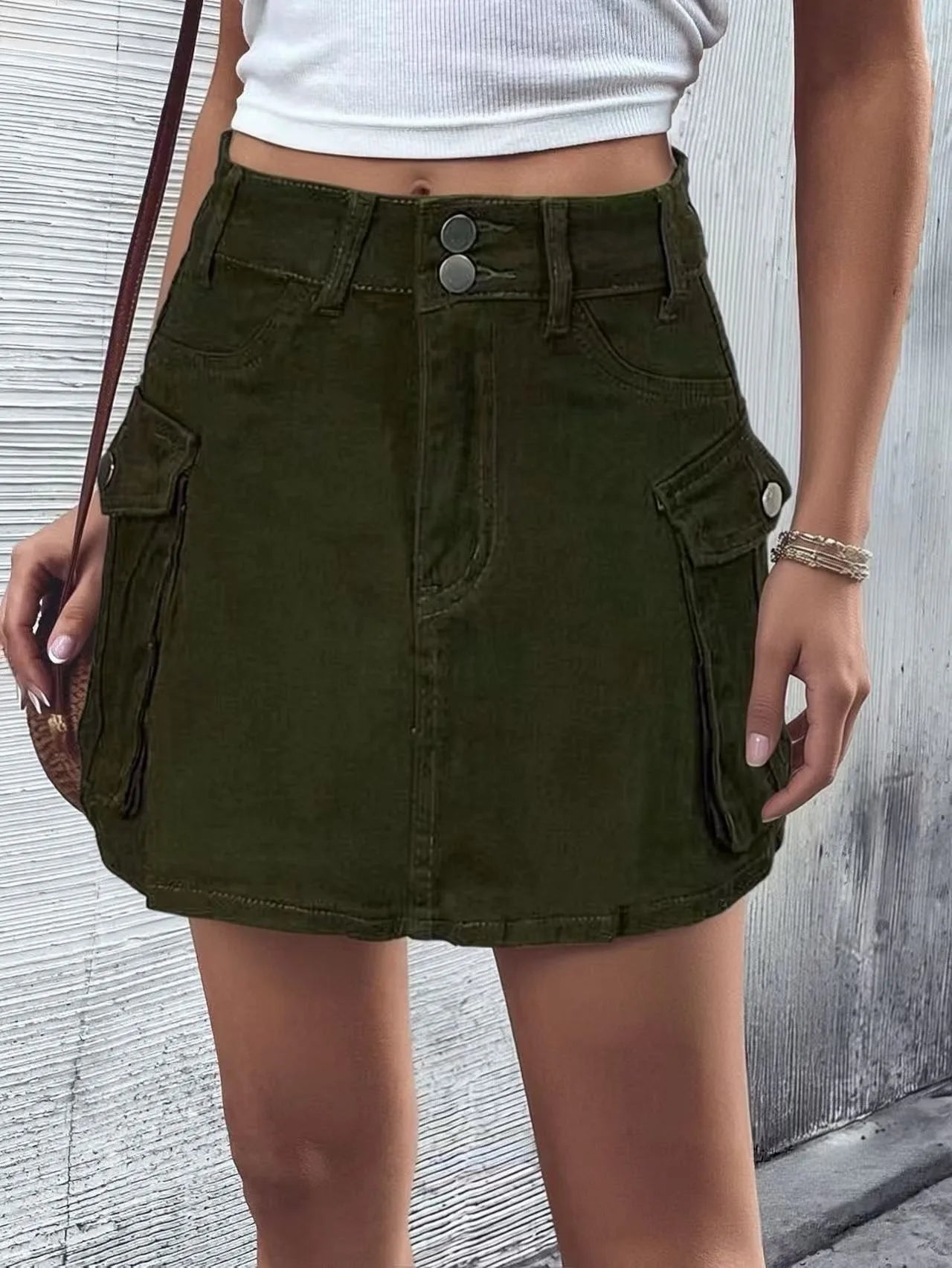 Sexy Women High Waist Cargo Denim Mini Skirt Double Button Multi Pocket A Line Short Skirt Y2K Streetwear Casual Jean Dress