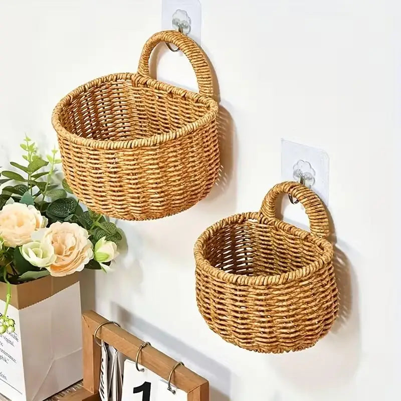 Kitchen Storage Basket With Handle Cute Wall Hanging Woven Basket Kawaii Hanging Storage Basket Kitchen Sundries Organizer