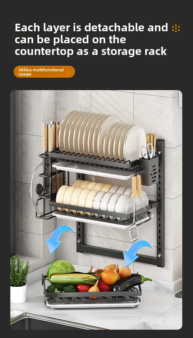 Wall Mounted Kitchen Organizer Rack - No-Drill Storage Shelf for Bowls, Plates, Spices with Dish Drying Function