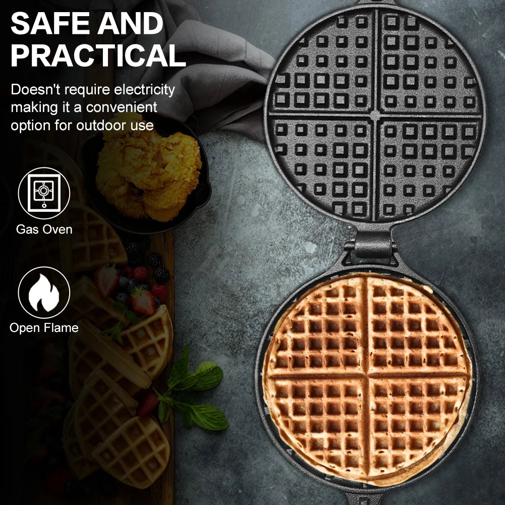 Cast Iron Waffle Maker Pan Non-Stick Waffle Iron Round Waffle Mold Waffle Cake Maker for Stovetop Or Grill