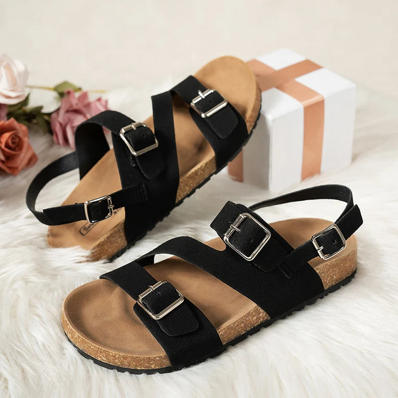 Metal Buckle Mule Sandals Women Summer 2026 Comfortable Flat Heels Cork Sandals Woman Plus Size 42 Non Slip Casual Beach Shoes