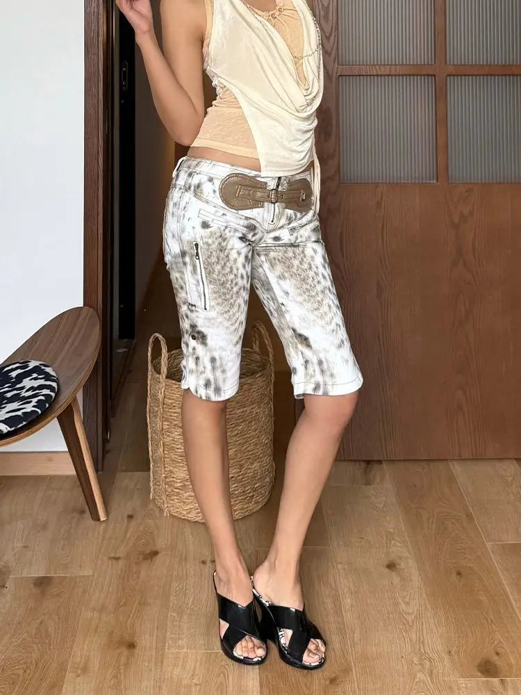 American Style Tie Dye Denim Woman Capris Cargo Shorts with Zipper Pockets Y2K Aesthetic Casual Streetwear Summer Jeans Woman