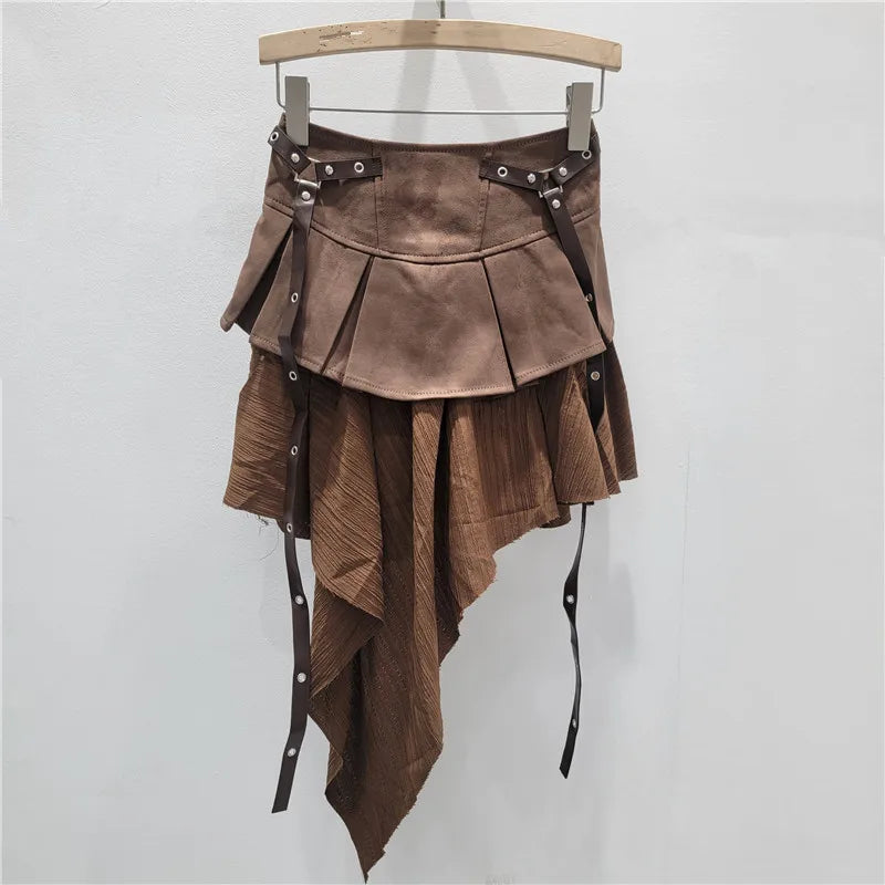 Retro Spliced Denim Pleated Skirt for Women Summer New Temperament Hot Girl Fashionable High Waist A-line Skirt
