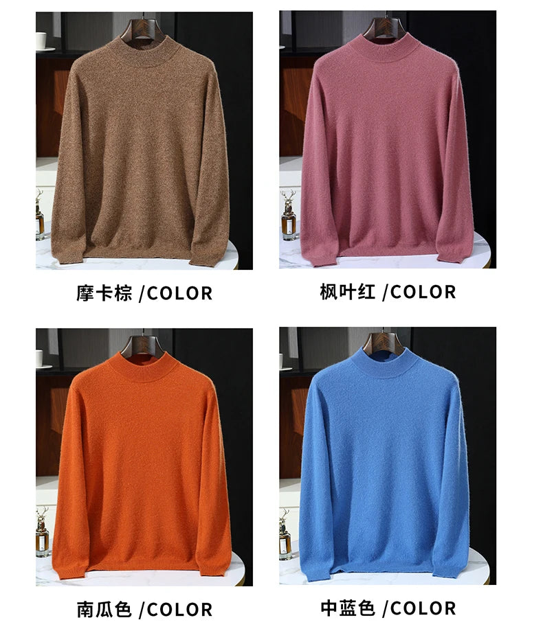 Autumn/Winter Men's 100% Pure Cashmere Pullover Business Casual Solid Knitted Sweater Loose Half High Neck Tops Thick Jumper