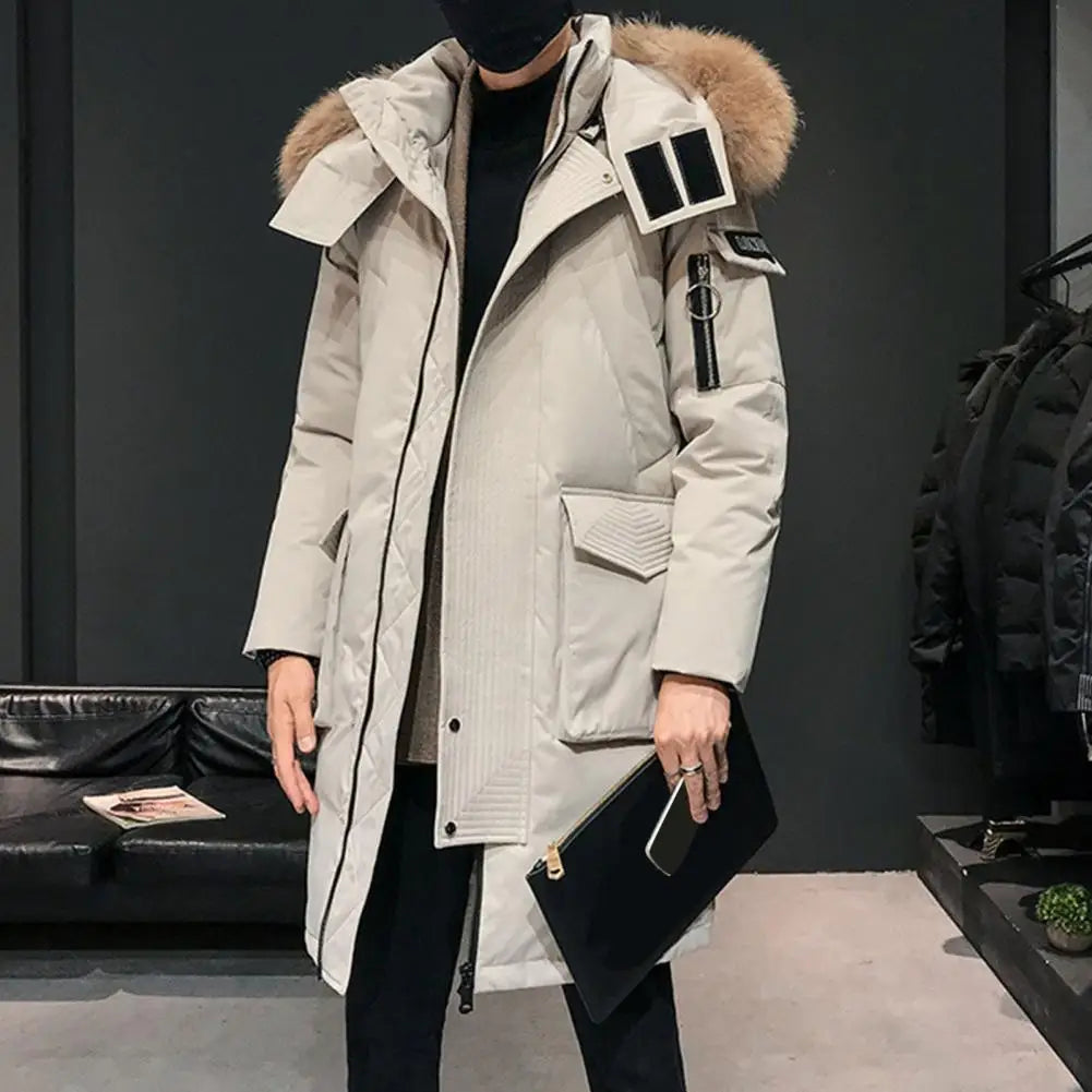 Men Down Jacket Fur Collar Hooded Long Sleeve Solid Color Winter Coat Zipper Placket Pockets Thickened Puffer Outwear