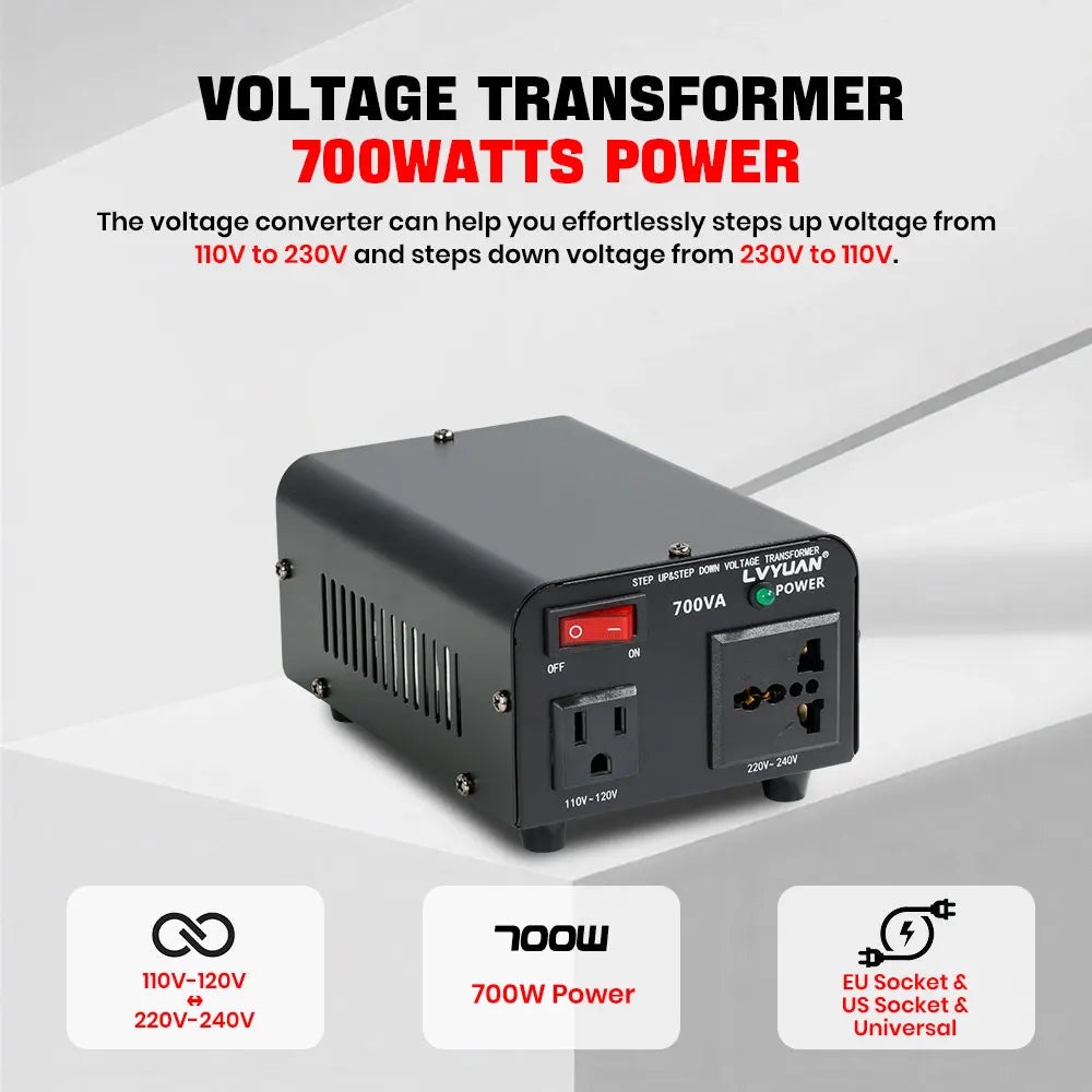 LVYUAN 700VA‑6000VA Heavy Duty Step Up Down Voltage Transformer, 110V/120V to 220V/230V, US EU Socket for Overseas Electrical Equipment