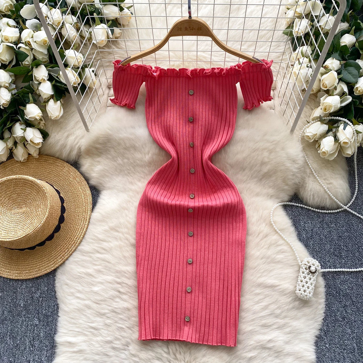 2025 New Pink Solid Button Front Spaghetti Dress Sexy Knit Slash Neck Mini Dress Bodycon Women's Clothing Outfits Ruffles