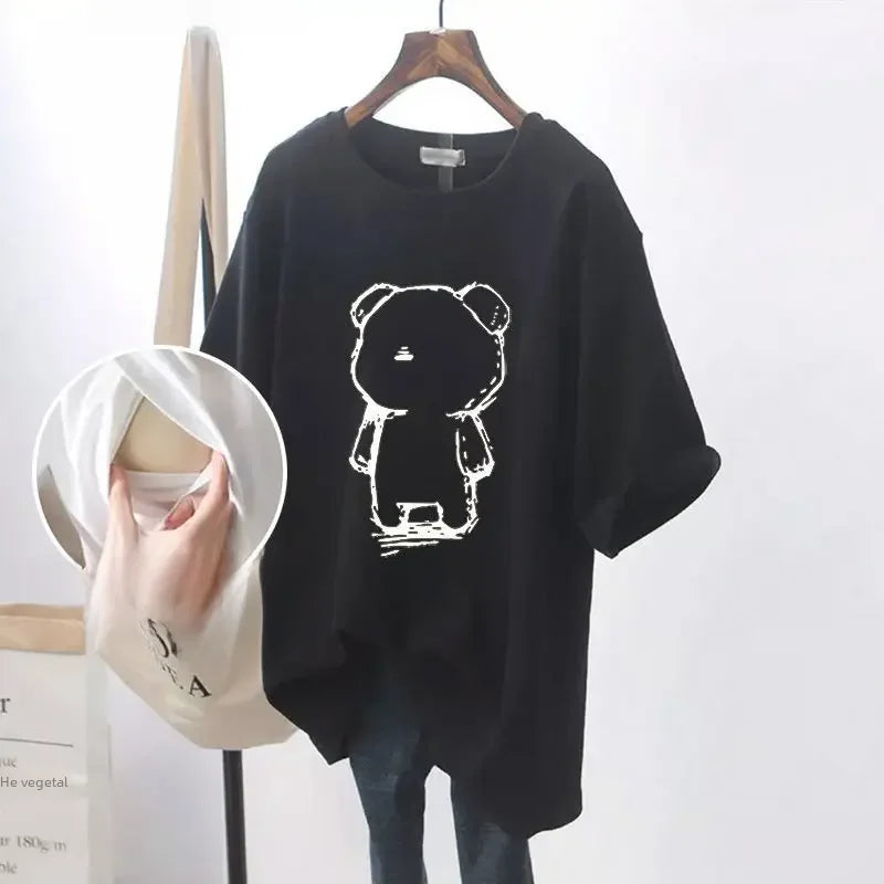 Fashionable Breastfeeding Top Short Sleeve Crew Neck T-shirt Versatile Summer Outdoor Wear For Mothers Simple Top For Feeding