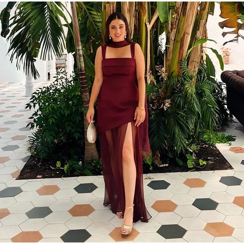 Boho Chic Elegant Mesh Patchwork Sling Dress Sexy Loose Sleeveless Split Scarf Long Dress Female 2026 New Party Evening Dresses