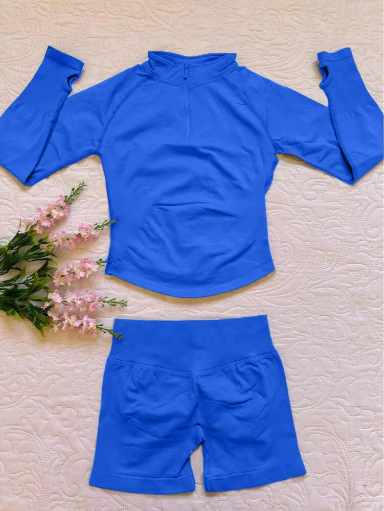 2026 2pcs Long Sleeve Yoga Set Women Half Zippy Jacket Longline Sports Top Gym Shorts Fitness Suits Running Coats Workout Set
