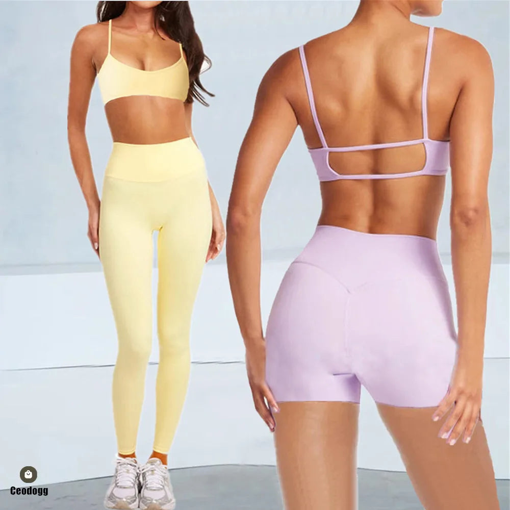 2PCS Yoga Set Outfit For Women Strappy Back Sports Bra Nude Athletic Leggings Fitness Gym Exercise Running Wear XP108