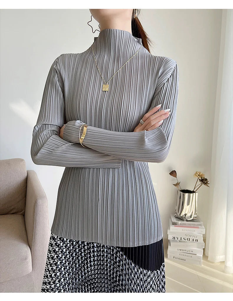 Miyake Pleated Long Sleeves Tops Fall 2025 Winter Korean Fashion Women Classic Solid Color Turtleneck Casual Elegant T-shirt