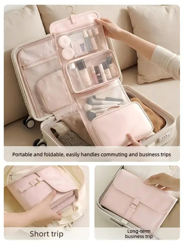 Large Capacity Hanging Toiletry Bag for Women, Waterproof Travel Cosmetic Organizer with Dry Wet Separation Folding Wash Pouch