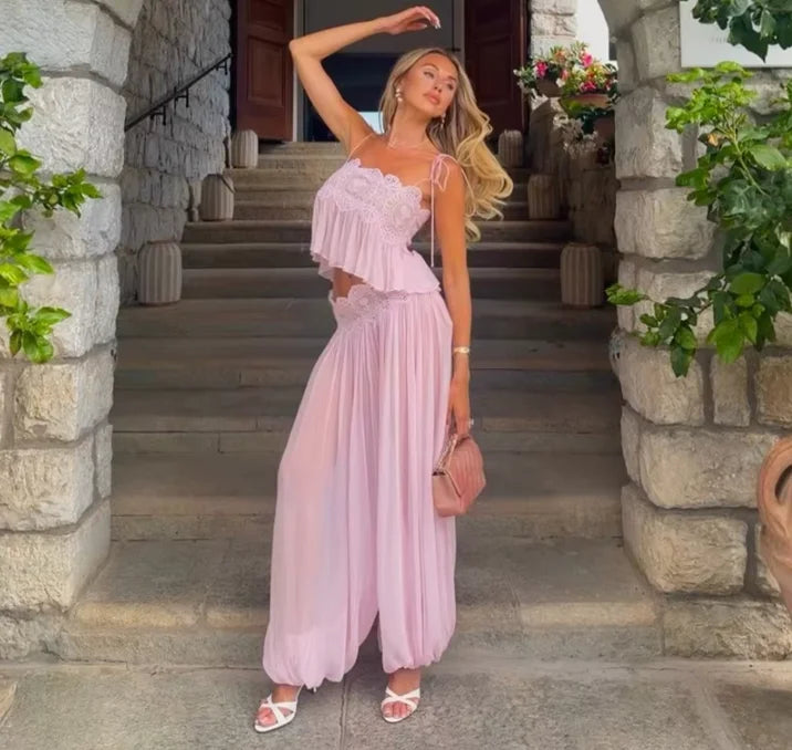 Women Pink Lace Double Strap Crop Top Two Piece Set Boho Sleeveless Flowy Matching Outfit 2026 Seaside Vacation Casual Outfits
