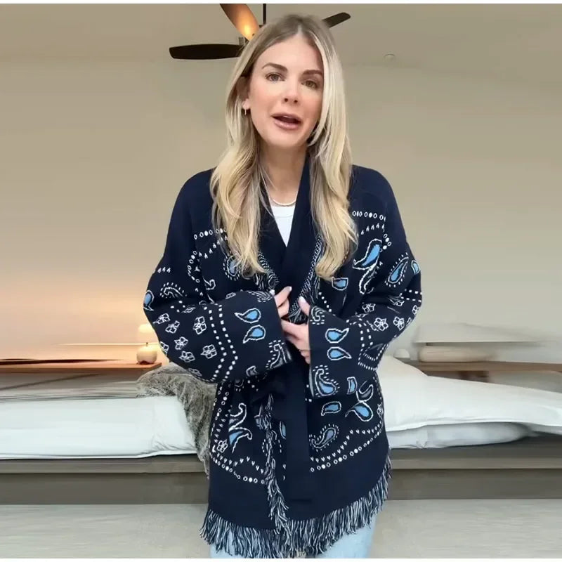 Casual Print Tassel Cardigan Women Elegant Belt V-neck Long Sleeve Knitted Sweaters Female 2026 Autumn Winter Knitwears Lady