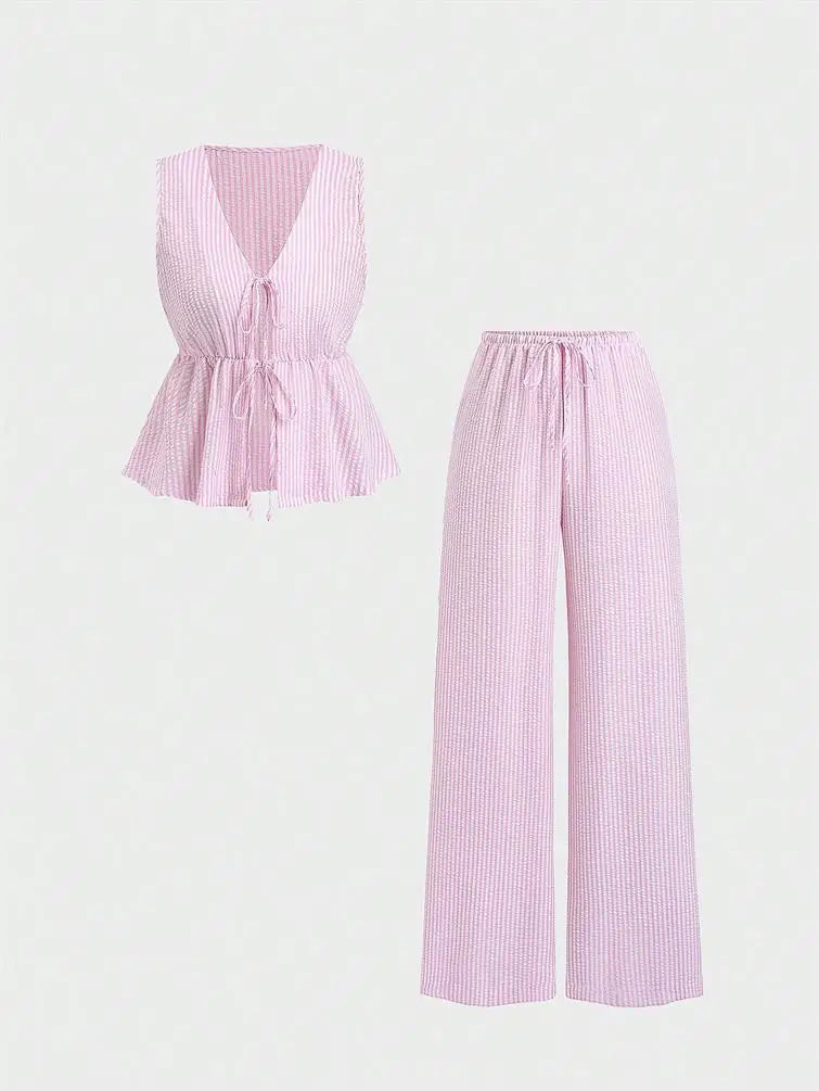 Vacay Pure Color Stripe Loose Summer Set Casual Versatile Holiday Outfit Women's Fashion Set Long Pants Sleeveless European S...