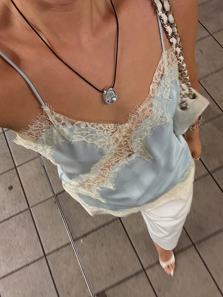 HH Women Fashion Lace Stitching Camisole Asymmetric Hem Sexy Backless Tank Top Summer Trend Lady Club Party Evening Chic Tops
