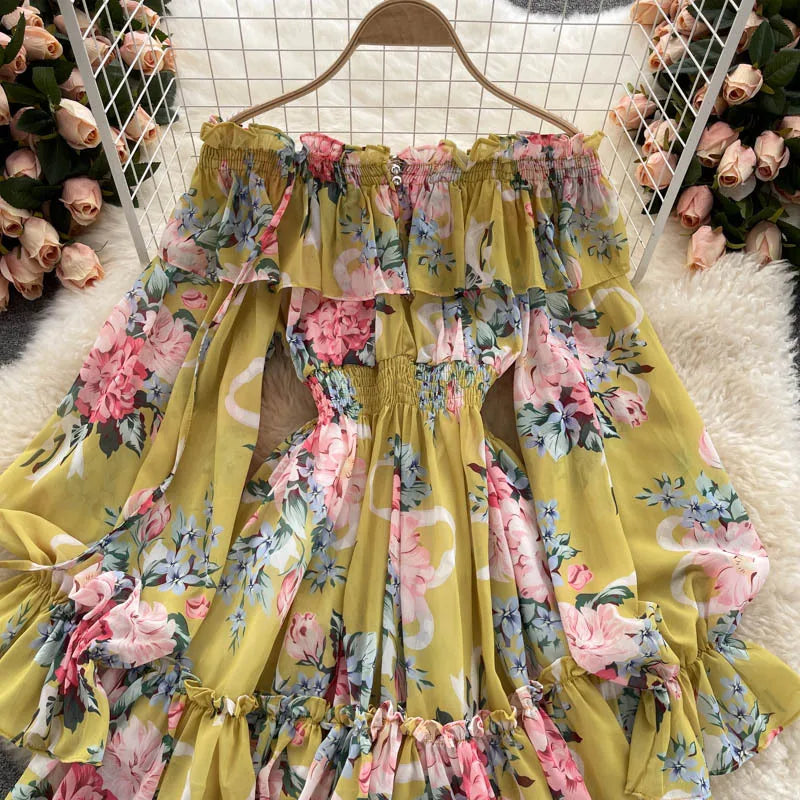 2025 New Retro Summer Beach Vacation Dress Women Sexy Strapless Lantern Sleeve Sweet Floral Jumpsuit Short Chiffon Print Dresses