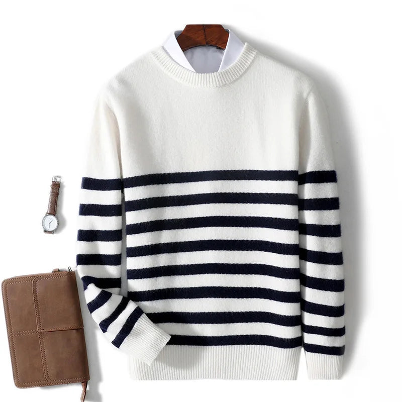 2024 Autumn/Winter New Round Neck 100% Pure Wool Sweater Men's Casual Loose Thick Sweater Striped Knitted Base Cashmere Sweaters