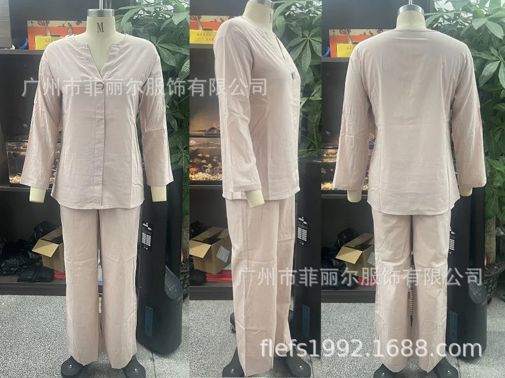 Casual Solid Color Pullover Long Pants 2-piece Set Women's Cotton and Linen Pants Suit White Pink