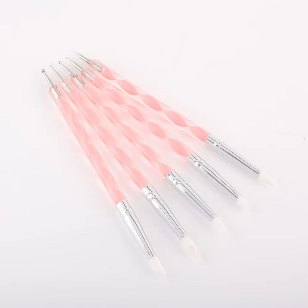 5Pcs Double Ended Nail Art Brush Acrylic Silicone Point Flower Nail Pen Stainless Steel Dotting Tools Marbleizing Painting Pens