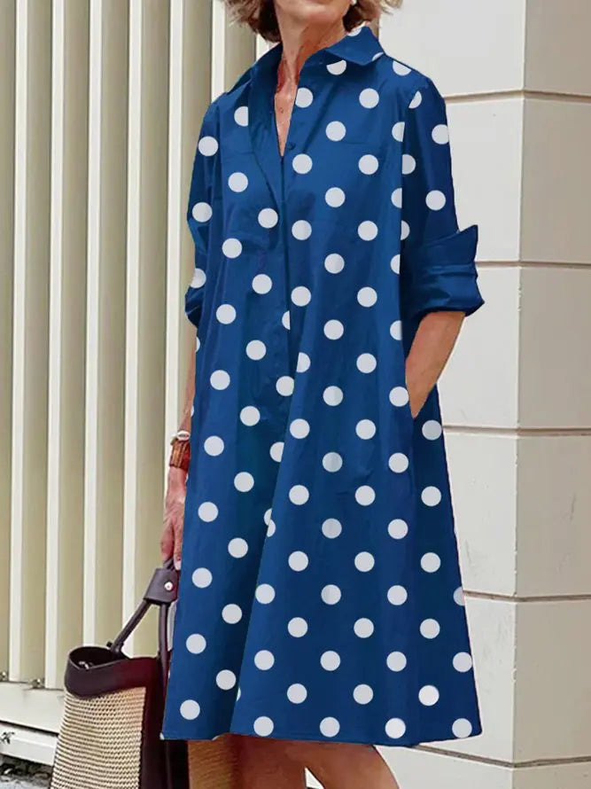 Uoozee Women's Fashion Polka Dot Lapel Shirt Dress 2026 New Spring Long Sleeves Loose Elegant Urban Casual Office Midi Dresses