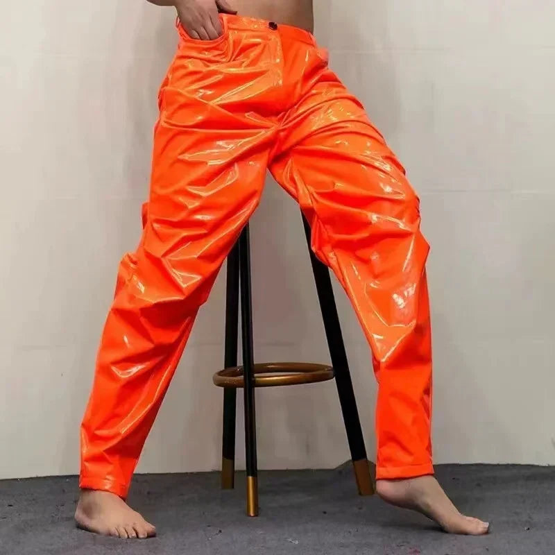 Men Mid Waist Shiny Faux Latex Leather Loose Hiphop Pants With Pocket Male Solid Color Stretch PVC Trousers Clubwear New Custom