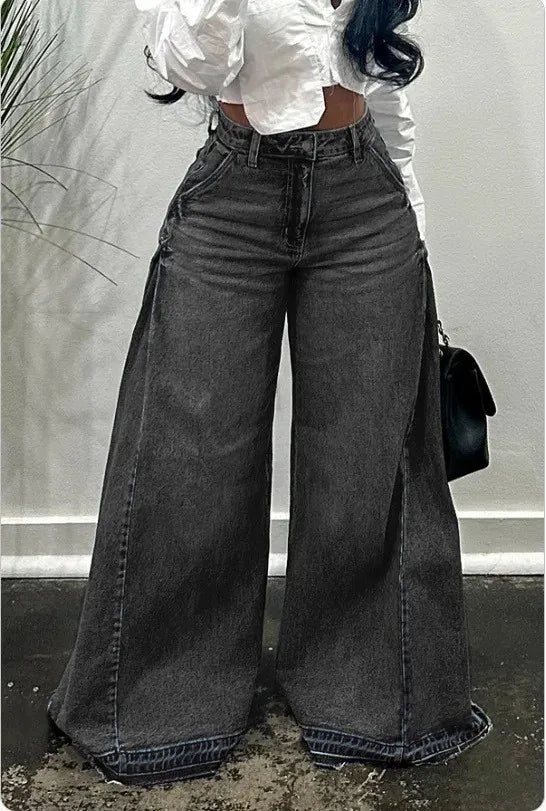QICHE European American Women Y2K Blue Washed Patchwork Flare Jeans Loose Tassel Floor-Length Wide Leg Denim Pants