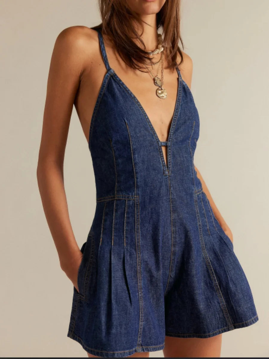 Women Spaghetti Strap Denim Romper Sleeveless V Neck Backless Tie-Up Jean Short Jumpsuits Y2k Ruffle Jean Overalls