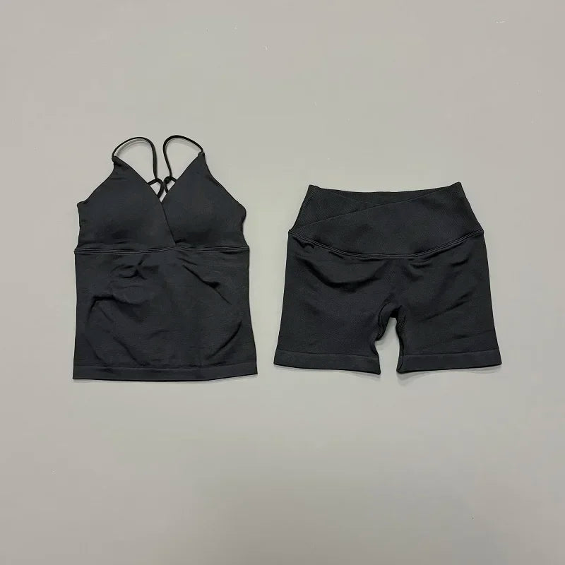 2Pcs Workout Shorts Set Women Cross Waist Scrunch Butt Shorts Tummy Control Racerback Tank Top Running Fitness Two Piece Suit