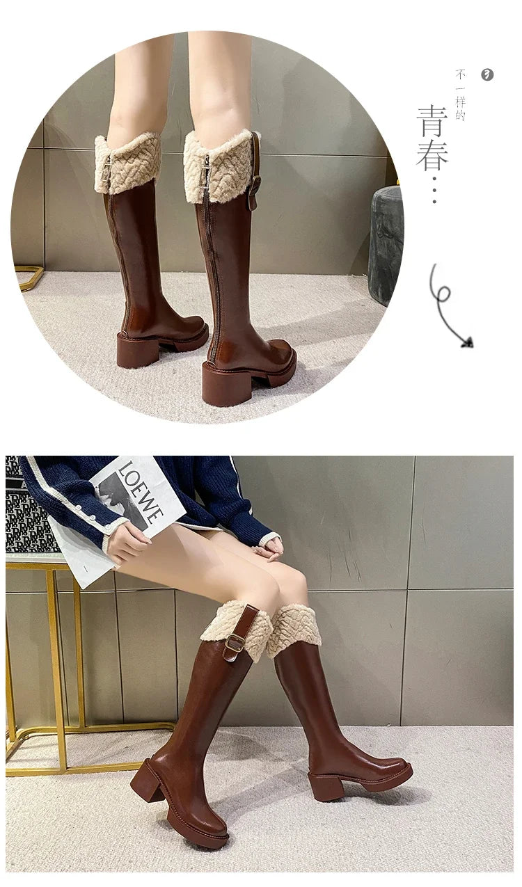 Winter Knee High Brown Long Boots Comfort Square Heel Zip Belt Buckle Platform Boots for Women  Plush Edge Warm Gothic Shoes