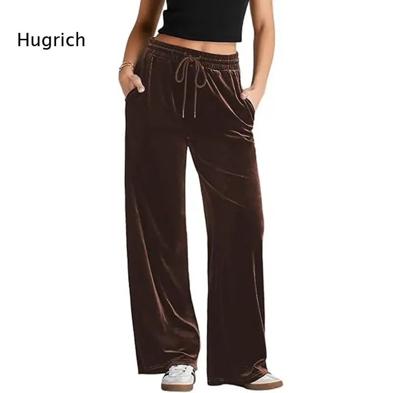 Women's High Waist Velvet Wide Leg Pants Drawstring Elastic Waist Loose Casual Trousers Autumn Winter Solid Color Long Pants B