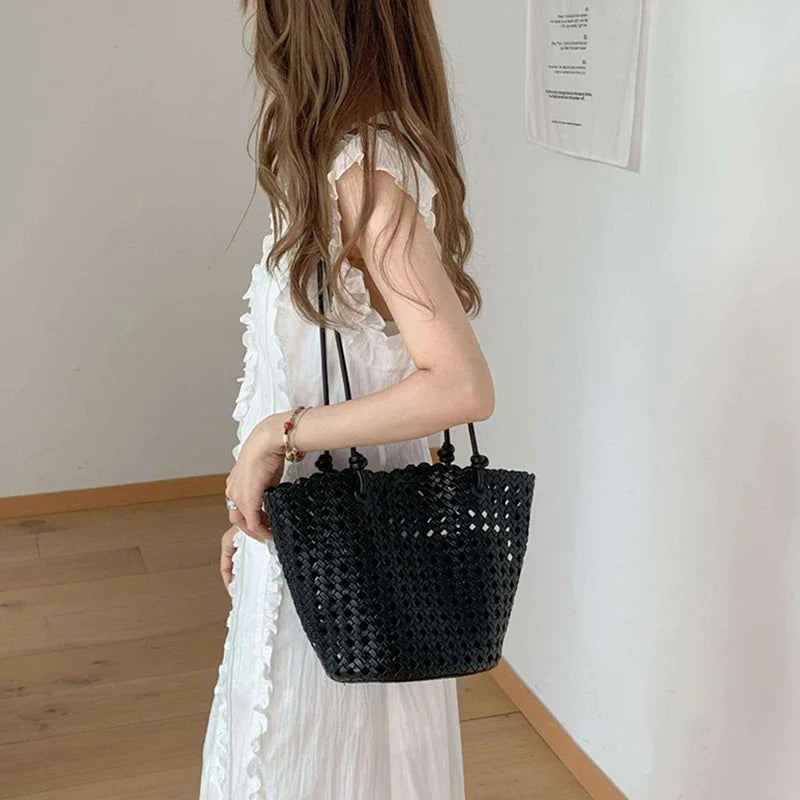 Hand-woven Openwork handBag With Zipper Inner Pocket,summer Pu Leather Beach Bucket Bags,large Capacity Simple Shopping handBag