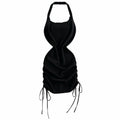 Solid Color Halter Neck Dress Sleeveless Design Ruched Side Bodycon Dress Stretchy Knit Drawstring Mini Dress Women Summer Wear