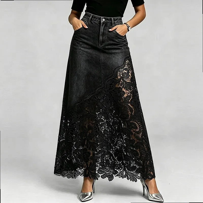 Washed Denim Lace Trim Pencil Skirt Long Bodycon Skirts Spring Summer